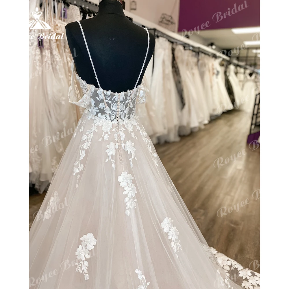 Roycebridal prinzessin frauen strand hochzeits kleider spaghetti träger tüll boho braut kleider spitzen applikationen von der schulter