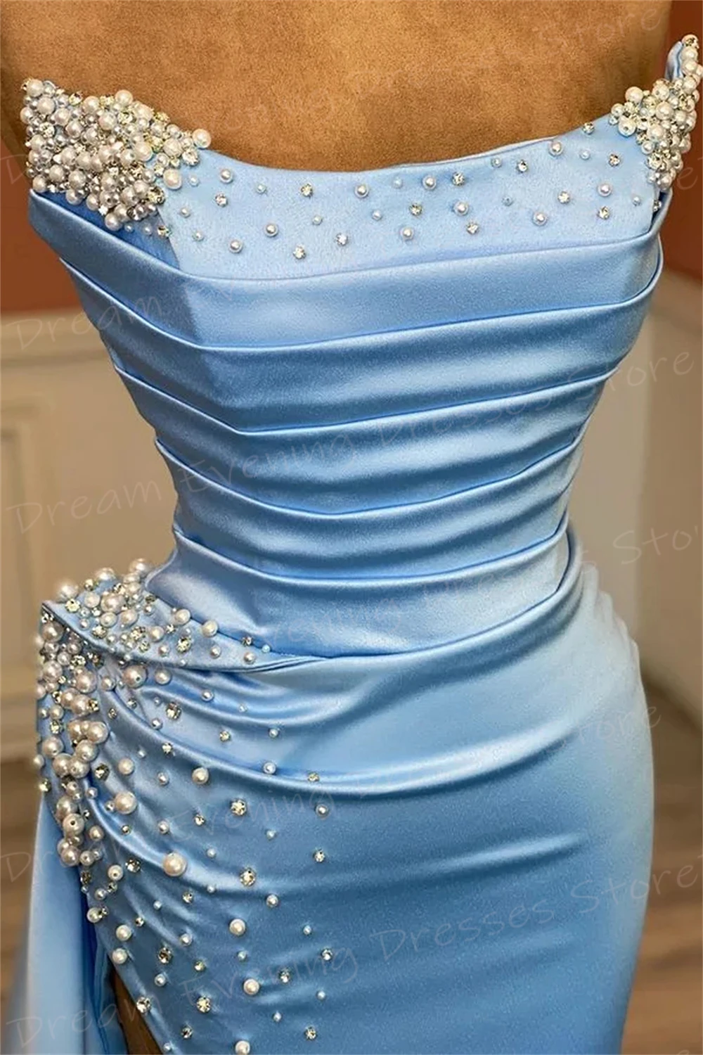 Robe de Soirée de Forme Sirène pour Femme, Vêtement Sexy, Sans Bretelles, avec Perles, de Bal, de Quel que soit le Côté, à Fente Haute, Bleu Ciel