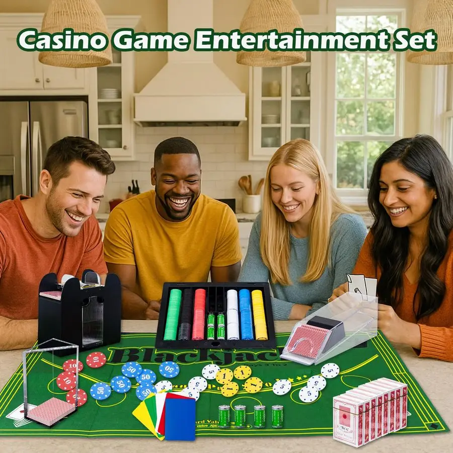 Set da gioco da tavolo, set da poker Blackjack Texas Holdem con pattino per carte, vassoio per dischi, mescolatore automatico, rastrello per trucioli, 360 fiches, 8 mazzi di gioco