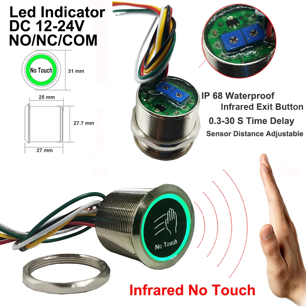 Imagem -04 - Impermeável Contactless Acesso Controle Bloqueio Bloqueio Eletrônico Interruptor de Liberação Detecção Infravermelha sem Toque Botão de Saída dc 12v 24v Ip68