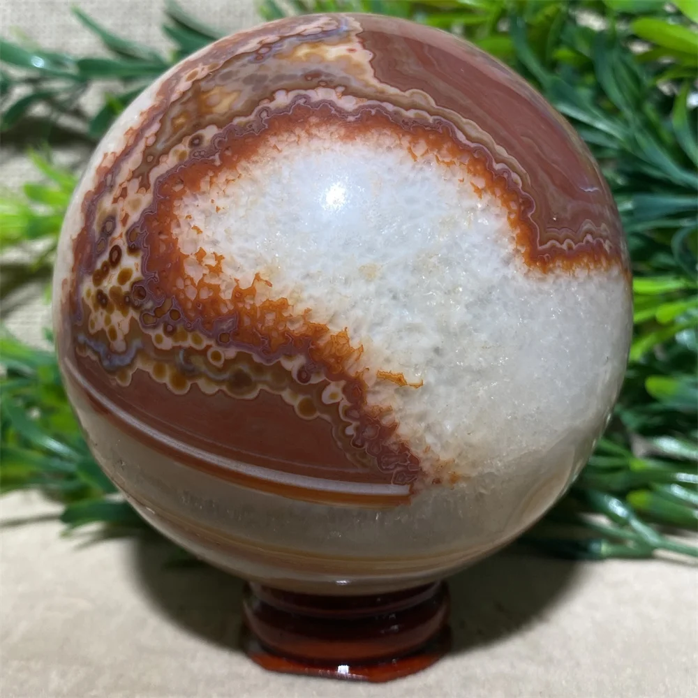 Natural Crystal Sphere Carnelian Geode Reiki Stone Quartz Agate Stripe Gemstone Mineral Energy Healing Home Decortion+Stand