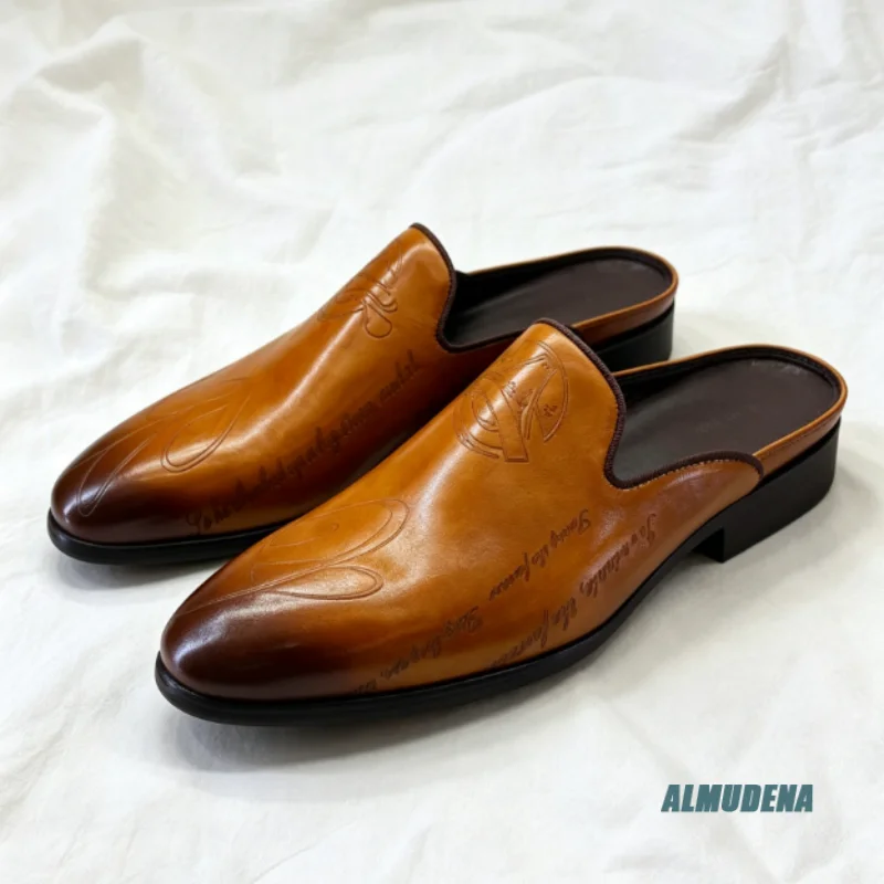Trendy Retro Men Slip On Mule Loafers Embossed Genuine Leather Flat Thin Sole Party Business Daily Comfort Formal Dress Shoes