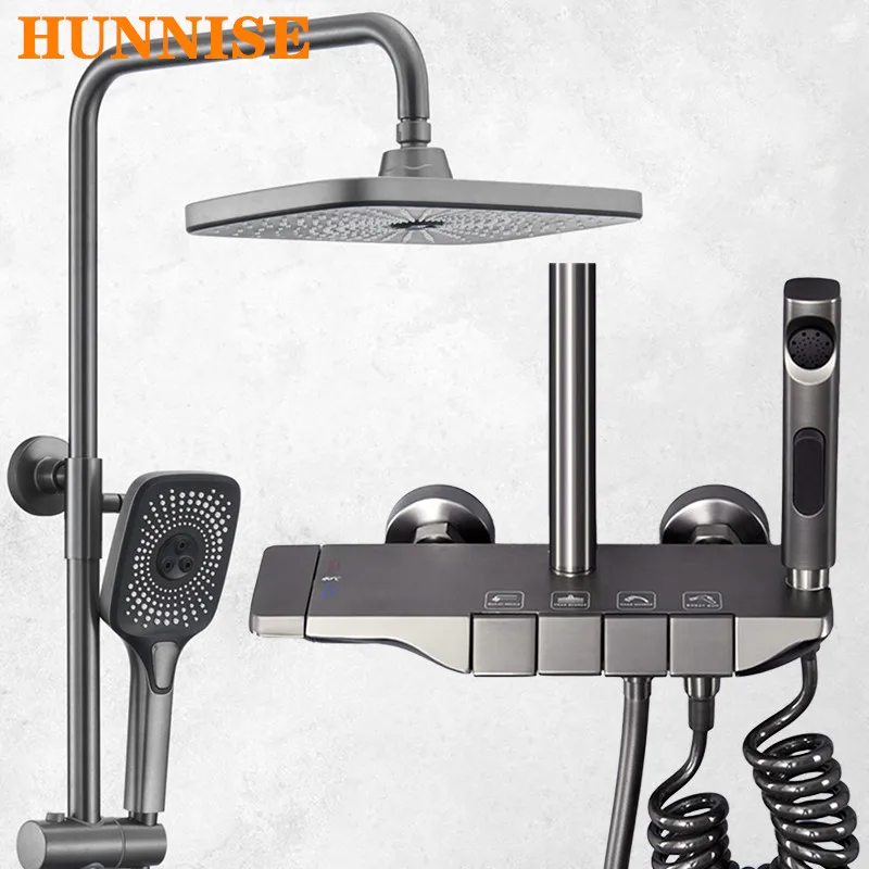 

Newly Piano Shower System Luxury Brass Bathroom Mixer Faucets Tap Rainfall Shower Head Grey Hot Cold Piano Bath Shower Set