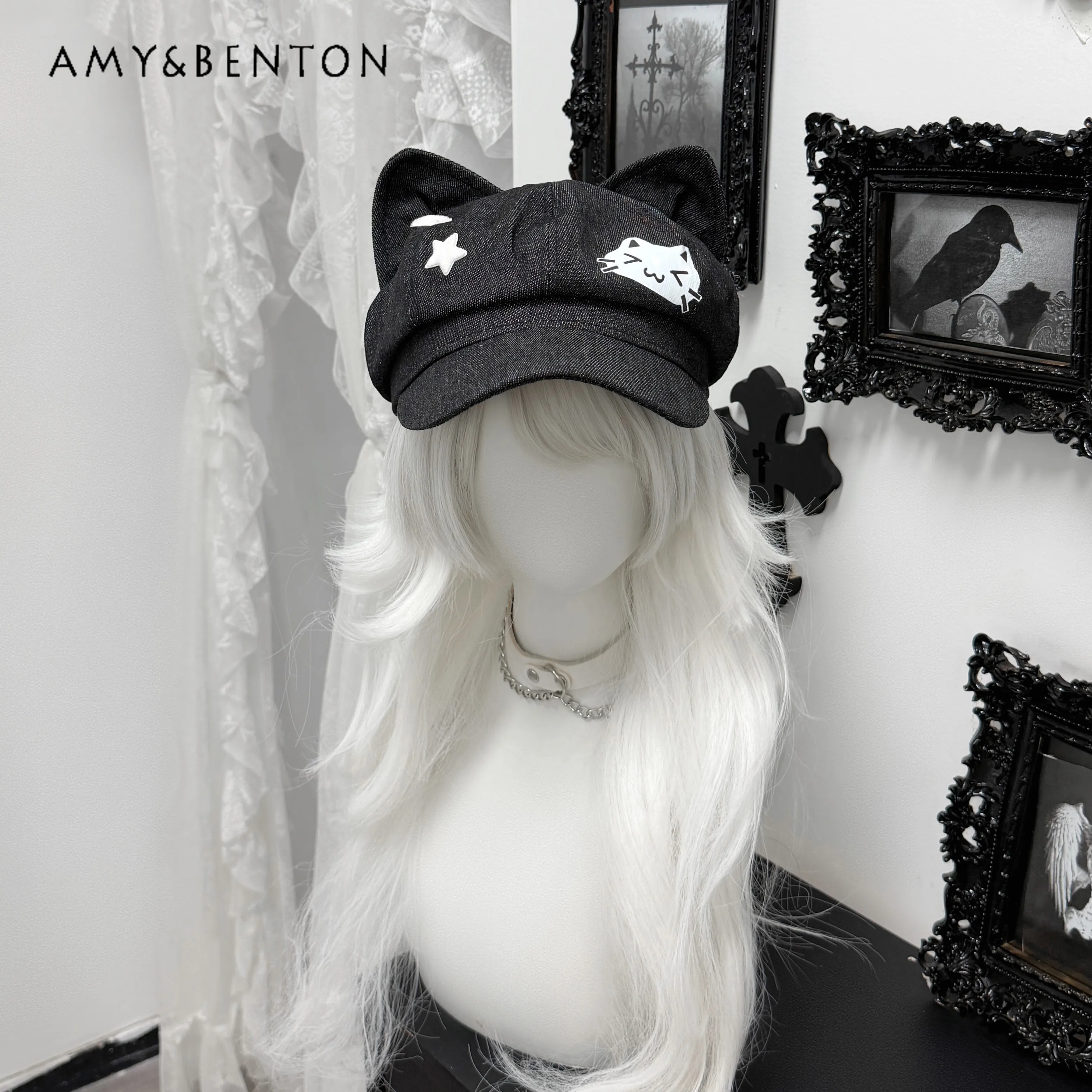 

Original Cowboy Black Cat Earcap Subcultural Beret Japanese Original Style Sweet Cool Hot Girl Octagonal Hat Versatile Hats