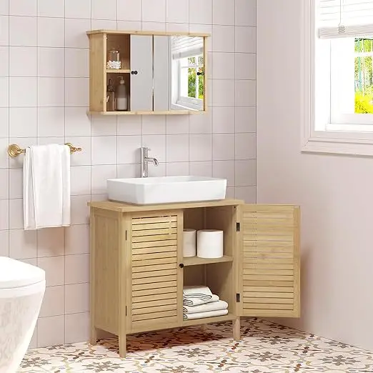 

High Quality Bamboo Bathroom Cabinet with 2 Door Under Sink Locker Toilet Bedroom Simple Two Layer Storage Cabinet