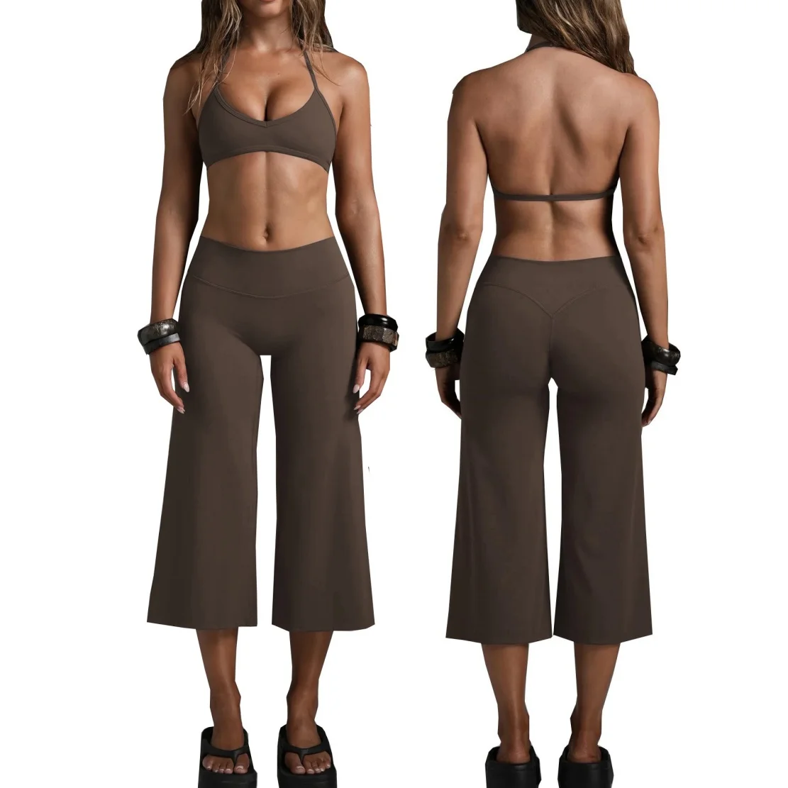 C*B Women Sexy Halter Backless Sports Bra High Waist V Back Wide Leg Capri Pants Soft Stretch Yoga Gym Pilates Casual Activewear