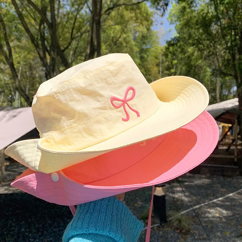 Sun Hats for Summer Bowknot Outdoor Fishing Cap Wide Brim Anti-UV Protection Women Bucket Hat Adjustable Rope Fisherman Caps