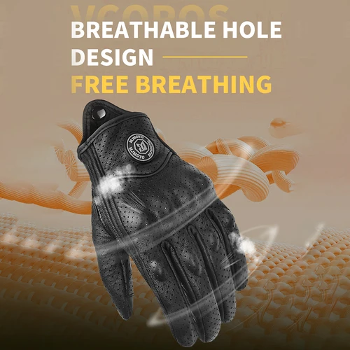 Imagen 2 del producto Guantes de Moto de cuero genuino Vintage, Guantes de Moto transpirables perforados negros, Guantes de Moto de Motocross con dedos completos