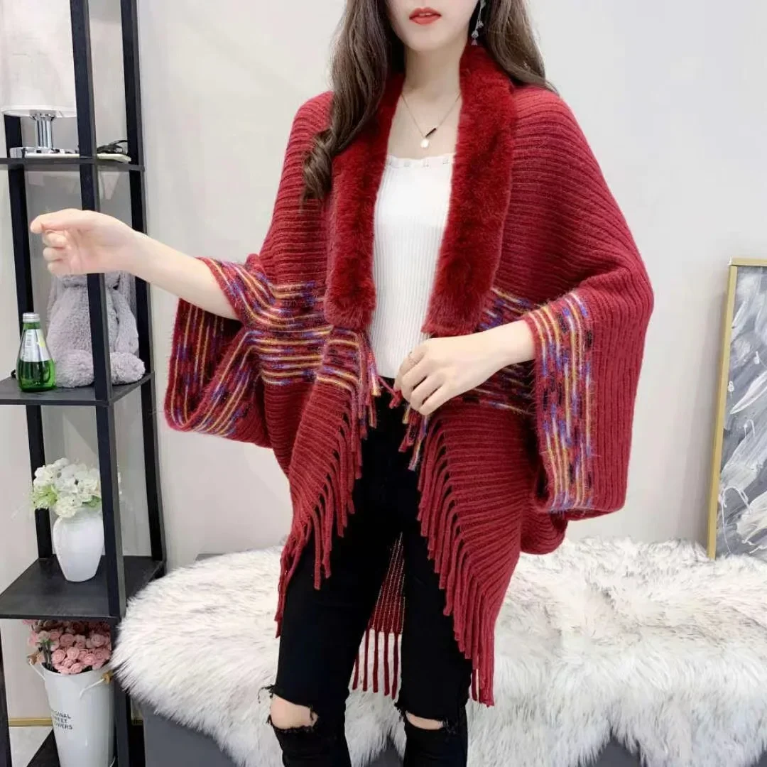 

Autumn Winter Imitation Wool Collar Tassel Knitted Cape Cardigan Coat Warm Poncho Lady Capes Cloaks