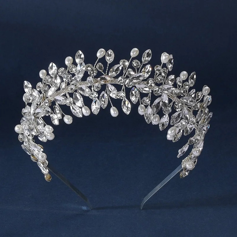 

SLBRIDAL Luxury Handmade Rhinestone Crystals Pearls Bridal Tiara Headband Wedding Crown Women Girls Hair Accessories Jewelry