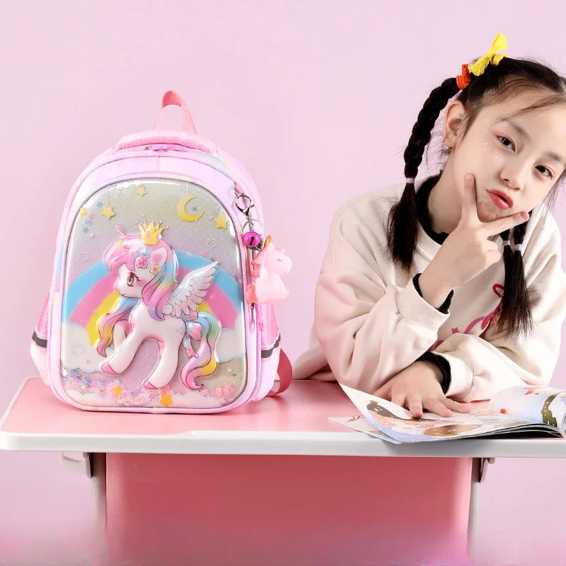 Girls' Schoolbag Cartoon 3D Rainbow Quicksand Unicorn Student Stationery Storage Cute Burden-reducing Backpack for Kids