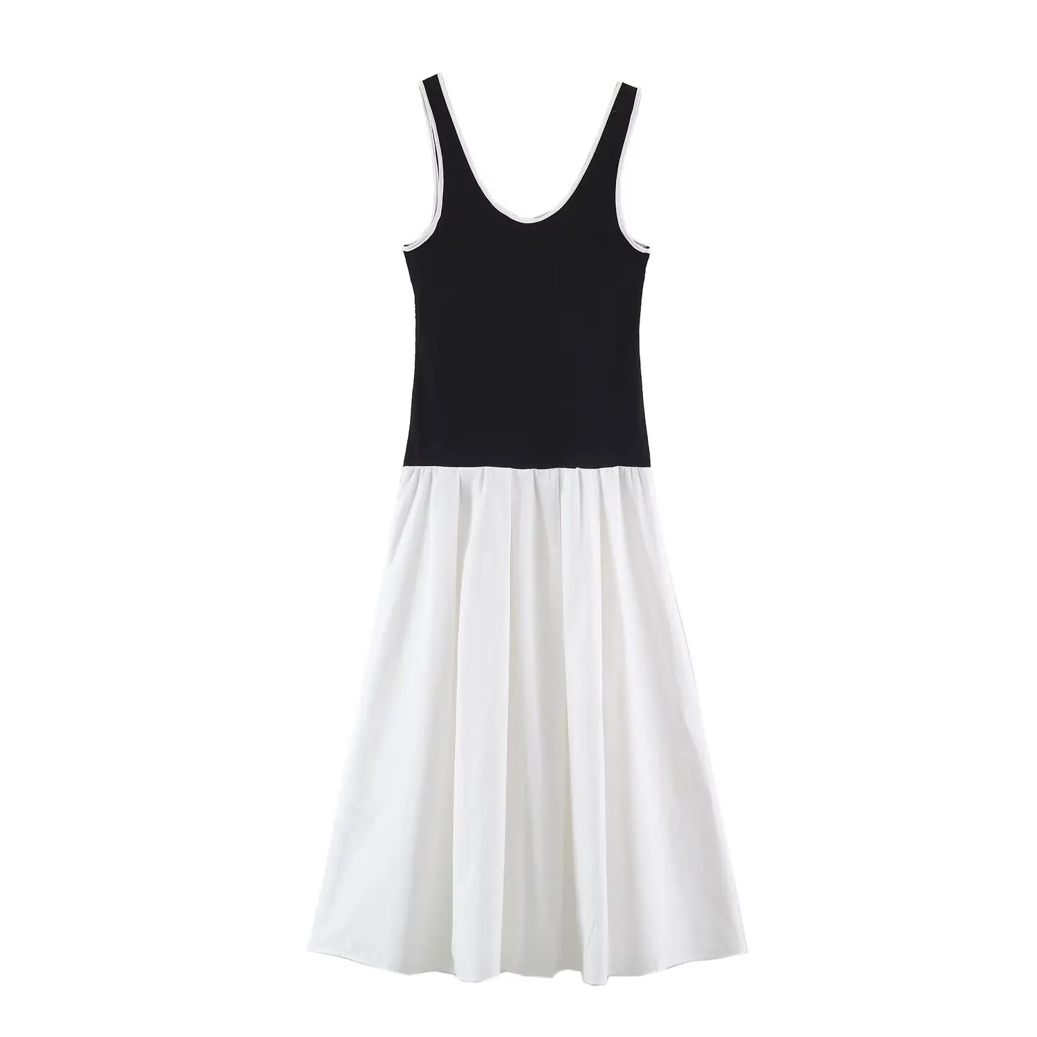BSAY 2026 Vintage Two Color Block Spliced Midi Dress Women Spaghetti Straps Sleeveless Flowy Pleated A-Line Summer Long Dress