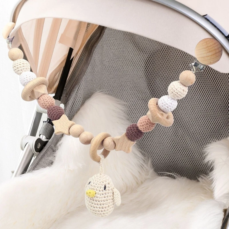 Wood Teether Baby Bed Hanging Rattles Toy  Bird Rabbit Shape Crochet Beads Bracelet Pram Clip Baby Rattle