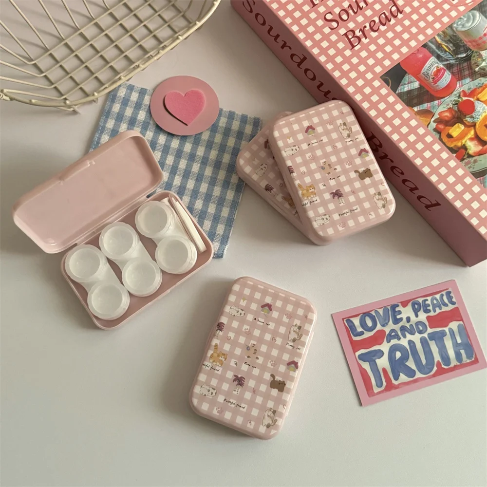

KLASSNUM 3 pairs Kawaii Plaid Contact Lens Box Portable Travel Eye Care Kit Storage Box With Tweezers Suction Stick Cute Girls