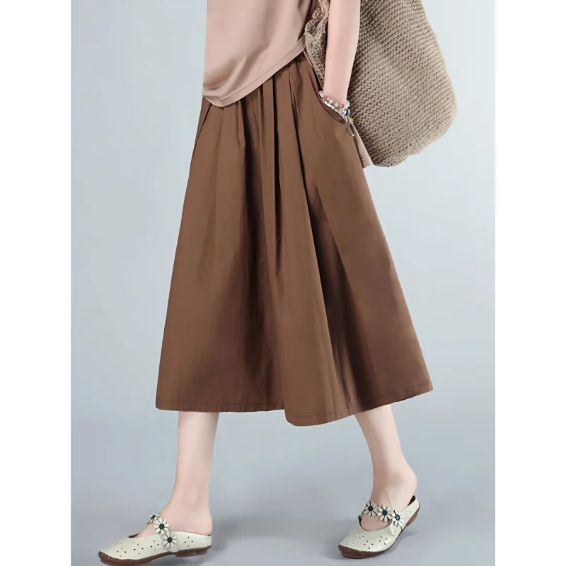 Street Casual Plus Size Pleated Wide Leg Pants Summer New Elastic Waist Solid Loose Straight Pants Vintage Fashion Women Clothes