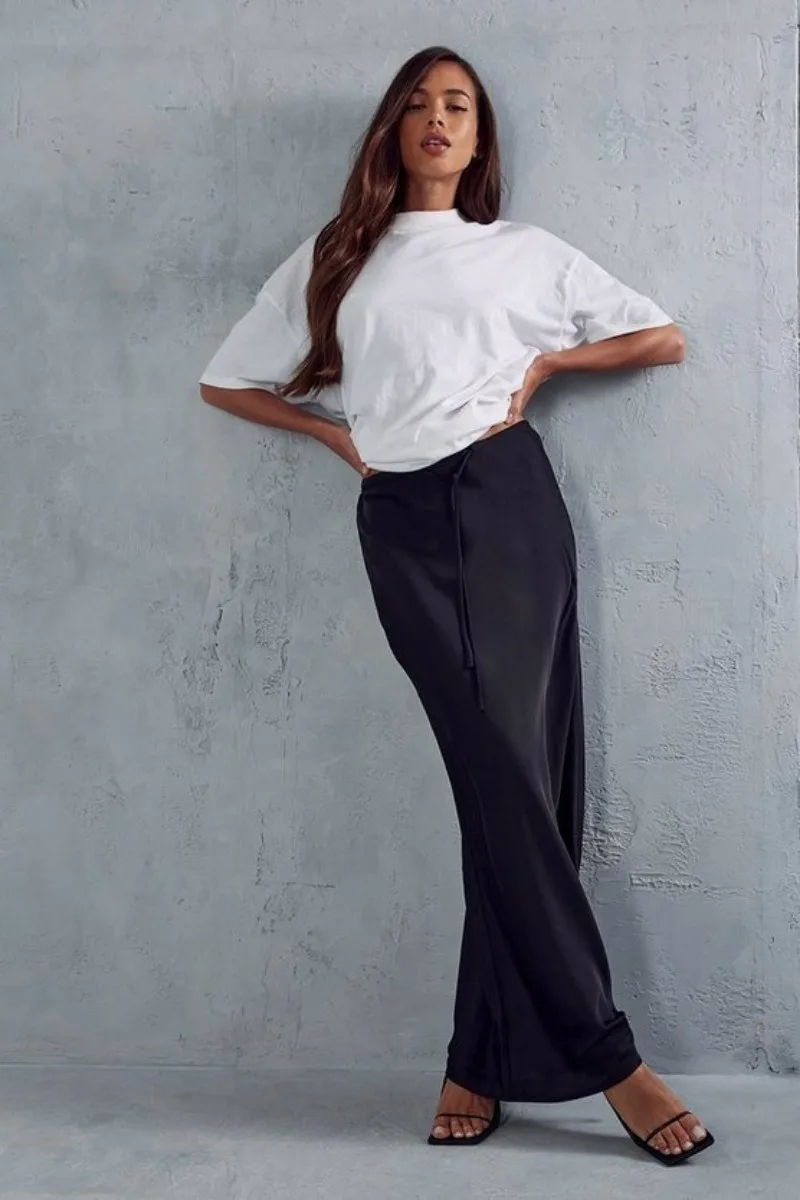 2026 Spring Summer Solid Color Satin Long Skirt For Women High Waist Lace-Up Fashion Elegant Faldas Light Luxury Women's Skirt