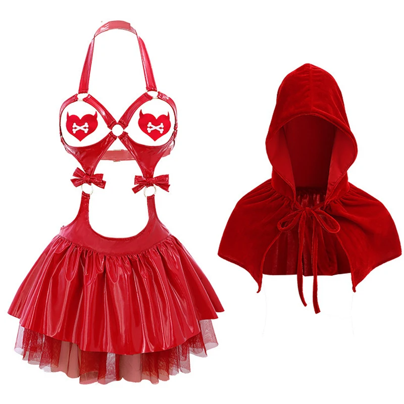 AniLV Women Bandage Dress Temperament Uniform Little Red Riding Hood Hooded Shawl Halloween Pajamas Lingerie Outfits Costumes