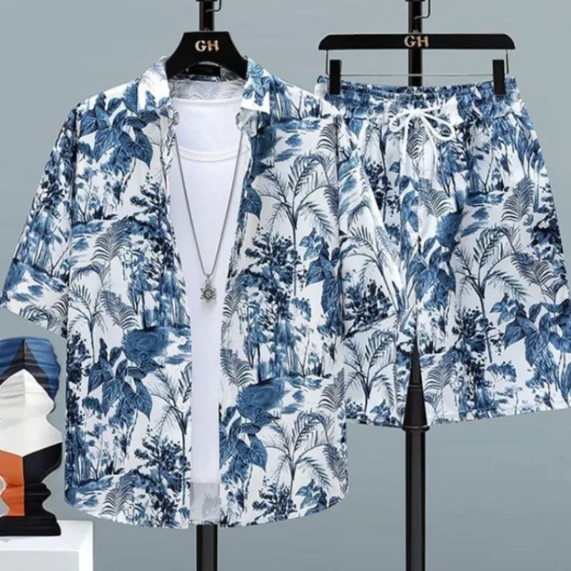 

Handsome Men Summer Ice Silk Shirt Set Short Sleeve Floral Beach Vacation Casual Travel Shorts
