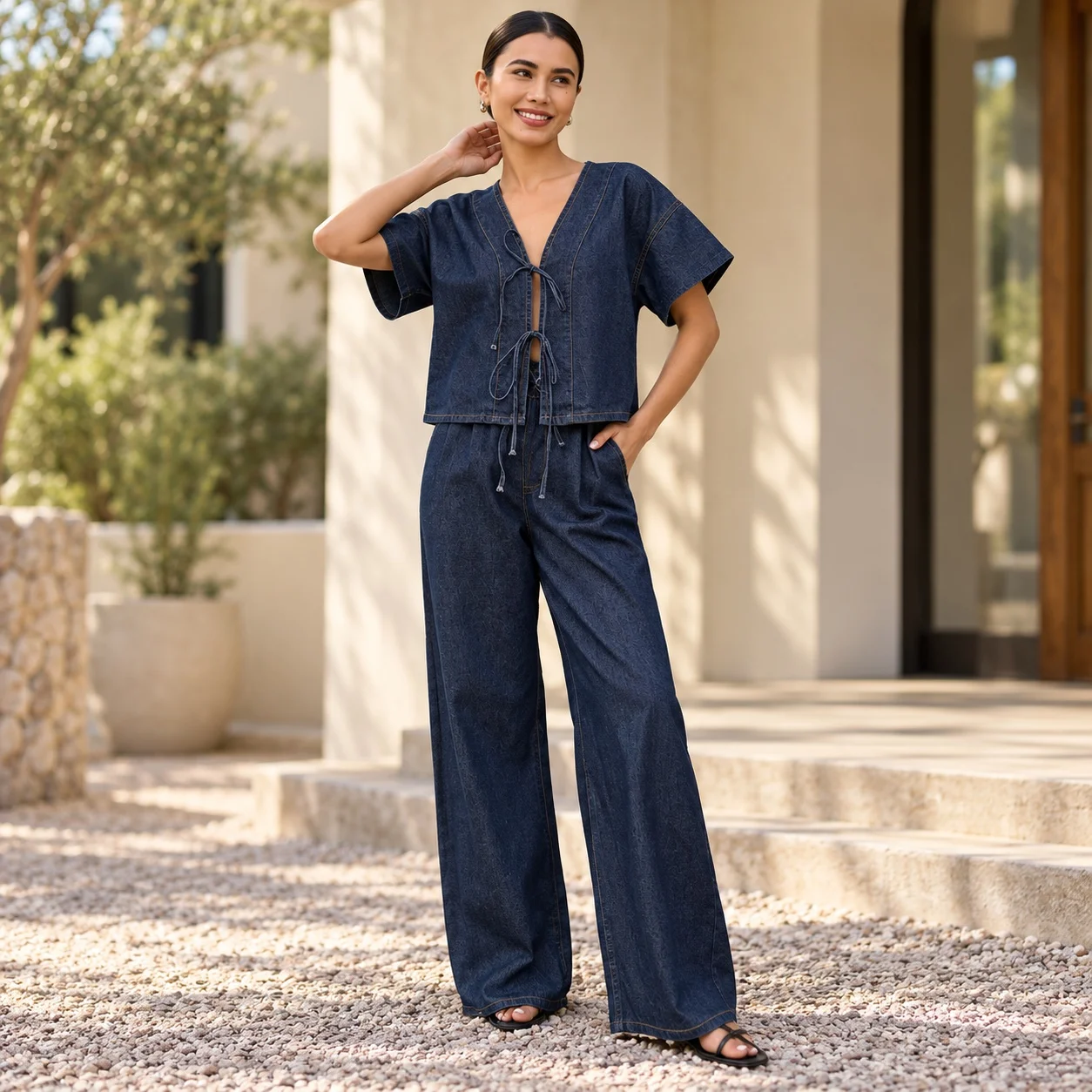 Tie Elastic Waist Set with Full Length Long Pants Open Front Short Sleeve V Neck Washed European and American Style Women Sets