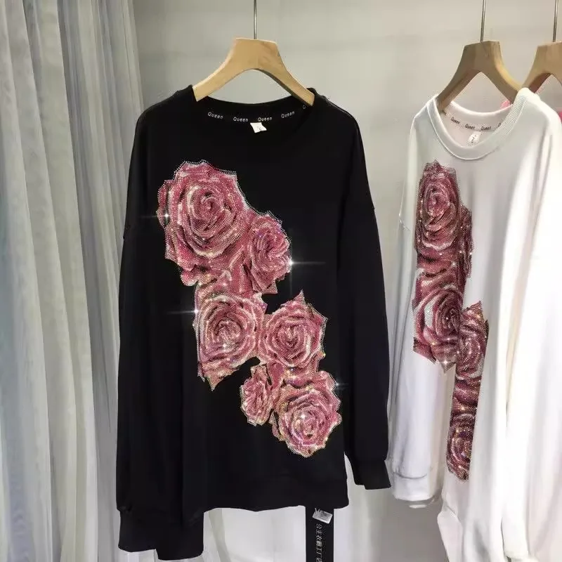 

Oversized Rhinestone light luxury rose round-neck long-sleeved top pull-over women's sportswear