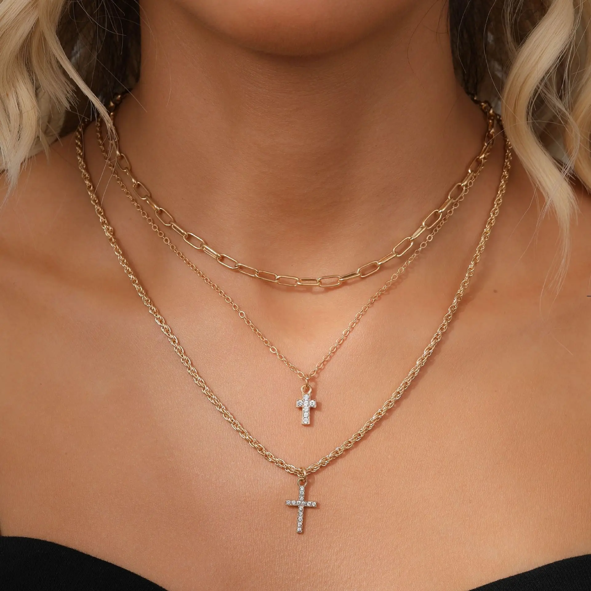 1 Pcs Hot-Selling Diamond Cross Pendant Three-Layer Stacked Wear Fashion Light Luxury and High-End Alloy Necklace Accessories