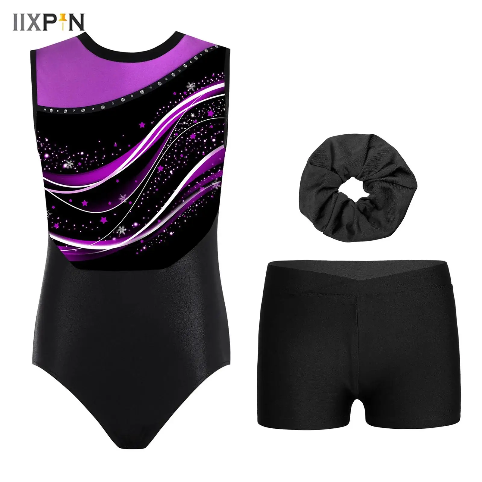 

3Pcs/Set Kids Girls Stylish Print Gymnastics Leotard Round Neck Sleeveless Patchwork Bodysuit Figure Ice Skating Dance Outfits