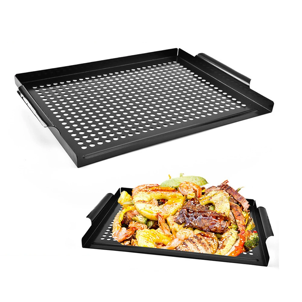 Carbon Steel Grill Pan 40.5 x 29 x 2 cm Nonstick Coating Perforated Base Optimized for Outdoor Cooking and Portable Use
