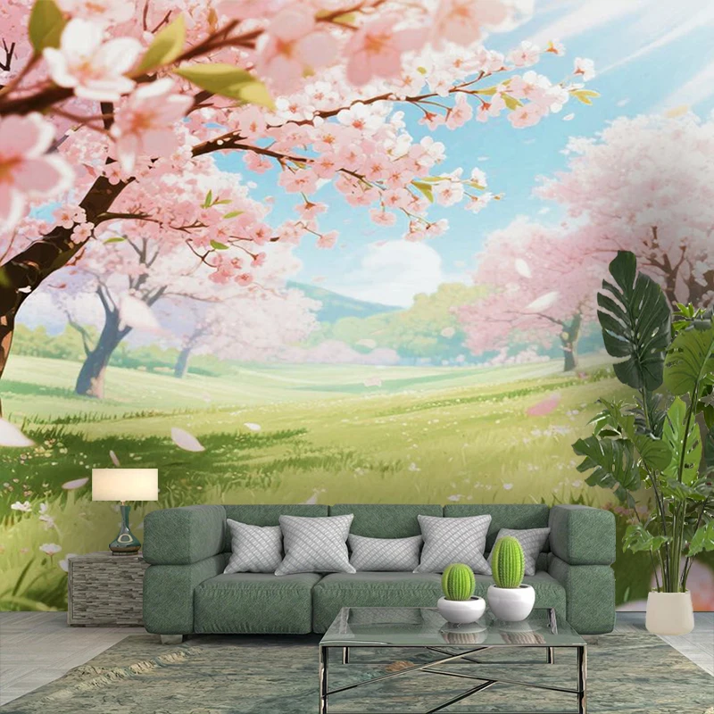 1PC Cherry Blossom Meadow Anime Print Backdrop Banner, Bedroom Living Room Photo Background, Polyester, Home Decor, Wall Art