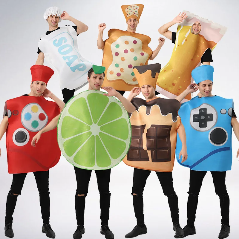 New Holiday Costume Top Stage Performance Costume Cartoon Fruit Food Beer Cosplay Pullover Top+Hat Clothing Unisex