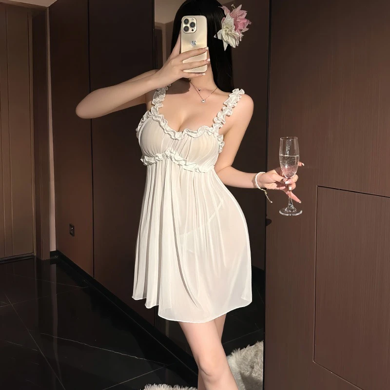 Sexy Summer Semi-Sheer Wrap Chest Pajamas Women's Fashion Lingerie Soothing Soft Sleeveless Camisole Sleepdress Mini Thongs Set