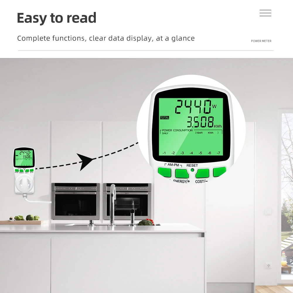 Digitaler Spannungs-Wattmeter, US/UK/EU-Steckdose, Energiezähler, Leistungsmesser für Wattzahl, kWh-Leistungsmesser mit Hintergrundbeleuchtung – Detail 8