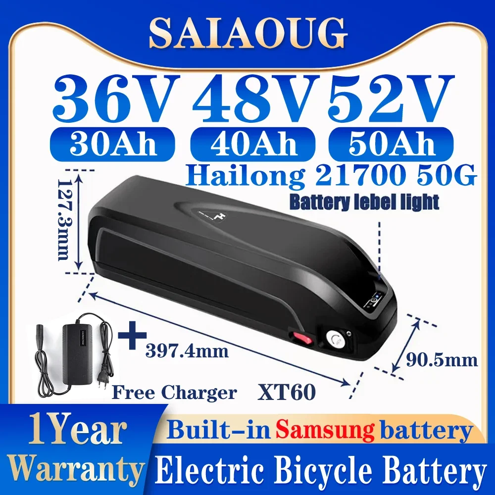 

36V 48V 52V 30Ah 50Ah 60AH Hailong 21700 Ebike Battery for Bafang DownTube Electric Bicycle Lithium Pack for 250W-2000W Motor