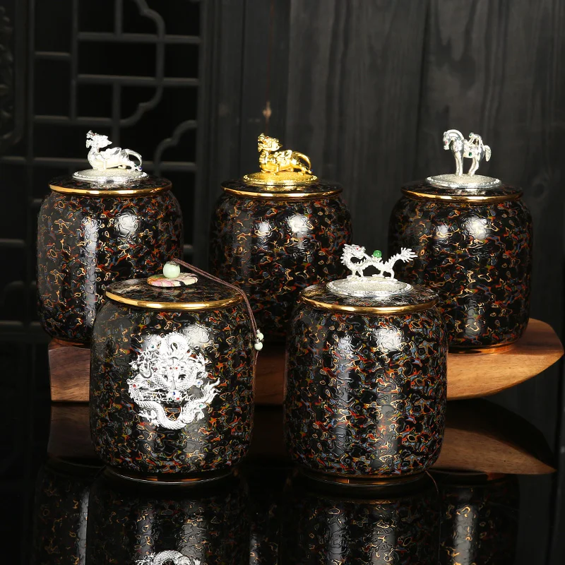 

High-grade Silver Inlaid Tea Pot Chinese Storage Pot Sealed Tea Bag Box Moisture-proof Sealed Pot Living Room Decoration