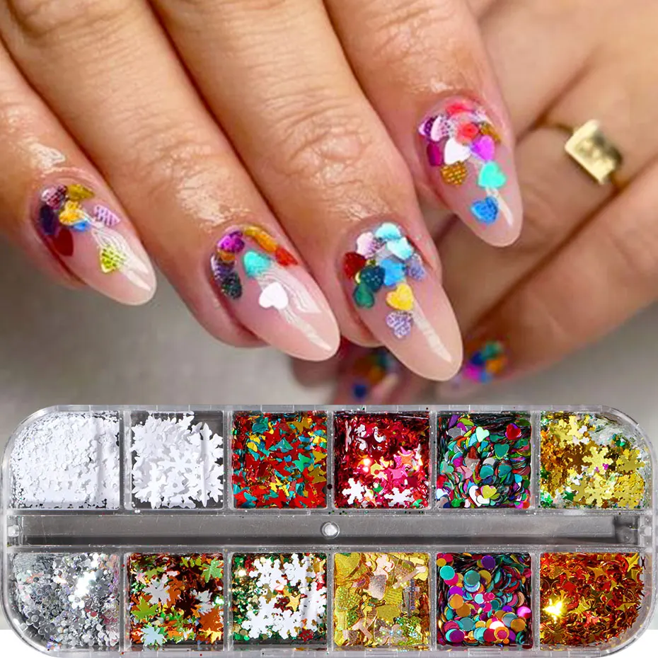12Grid Colorful Laser Nail Glitter Sequins Christmas Snowflakes Maple Shining Flakes 3D Mixed Holo Star Heart Dot Manicure Decor