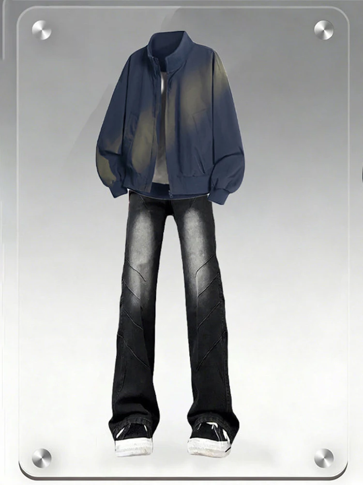 

Spring Faion Blue Flight Jaet Set Men's Long Sve Pleated Denim Jeans Two-Piece Set Stand Collar Folded Cuff Jeans