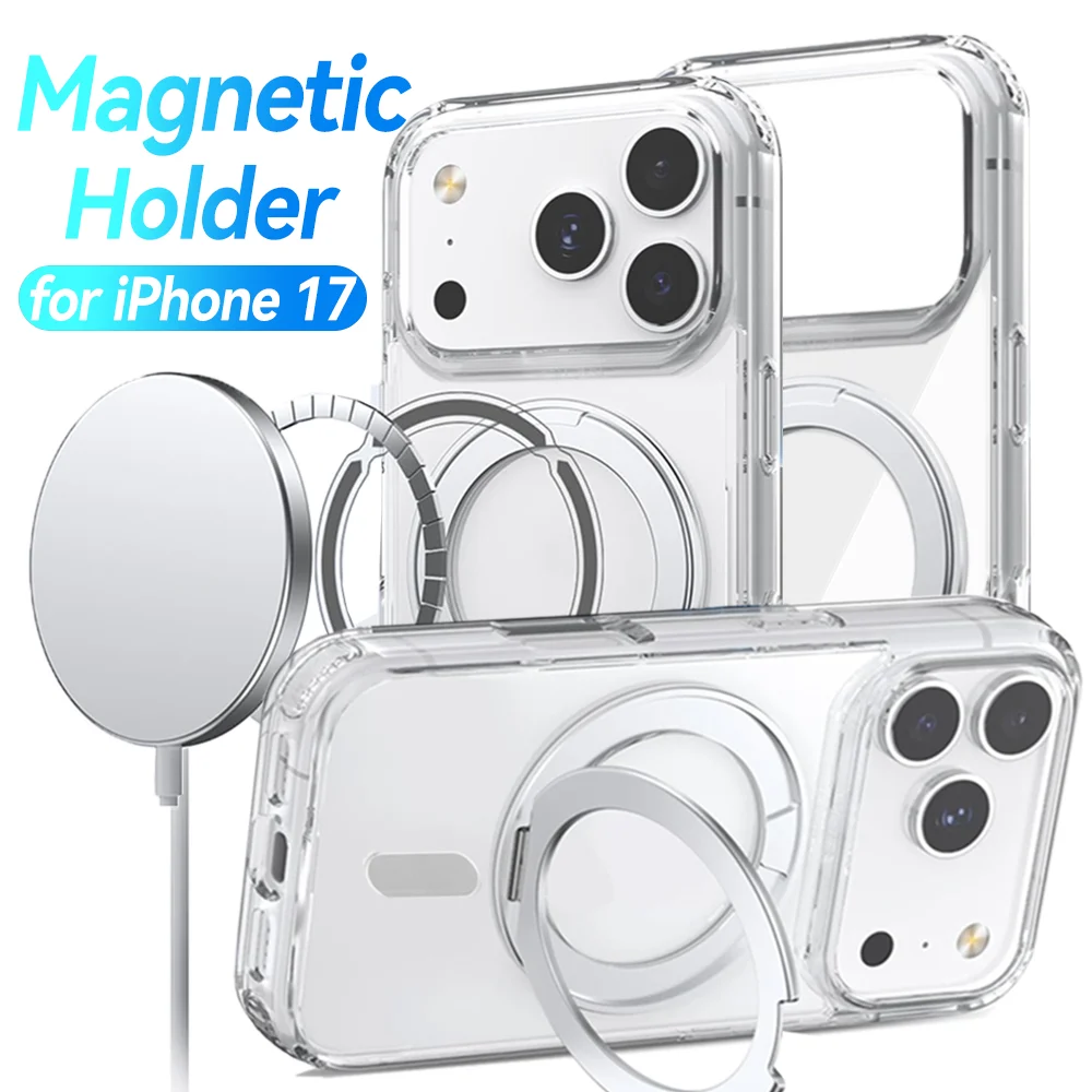 حافظة هاتف مغناطيسية مع حامل لهاتف Magsafe لهاتف IPhone 17 Pro Max 17 غطاء حامل شحن لاسلكي شفاف للهواء