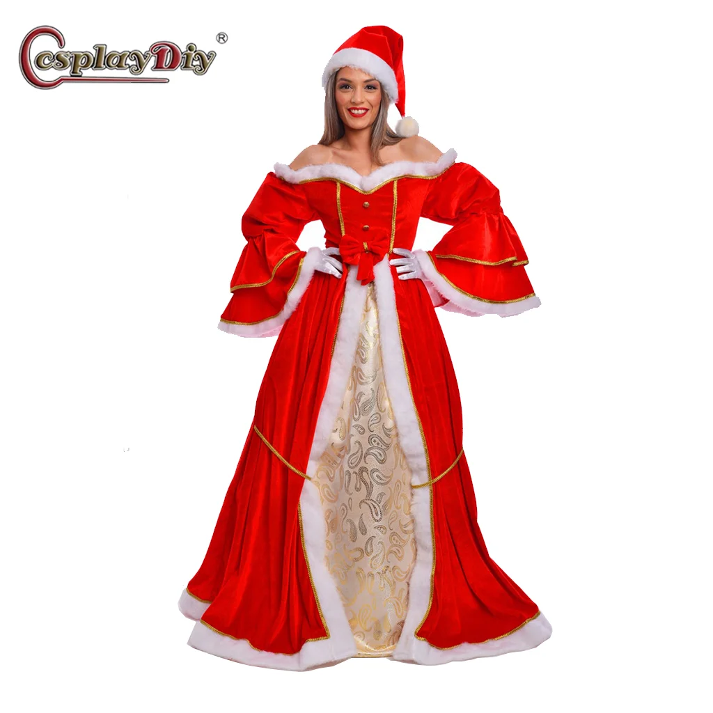 Miss Santa Dress Ladies Santa Claus Caroler Cosplay Red  Dress Women's Christmas Costume Party Performance Outfits