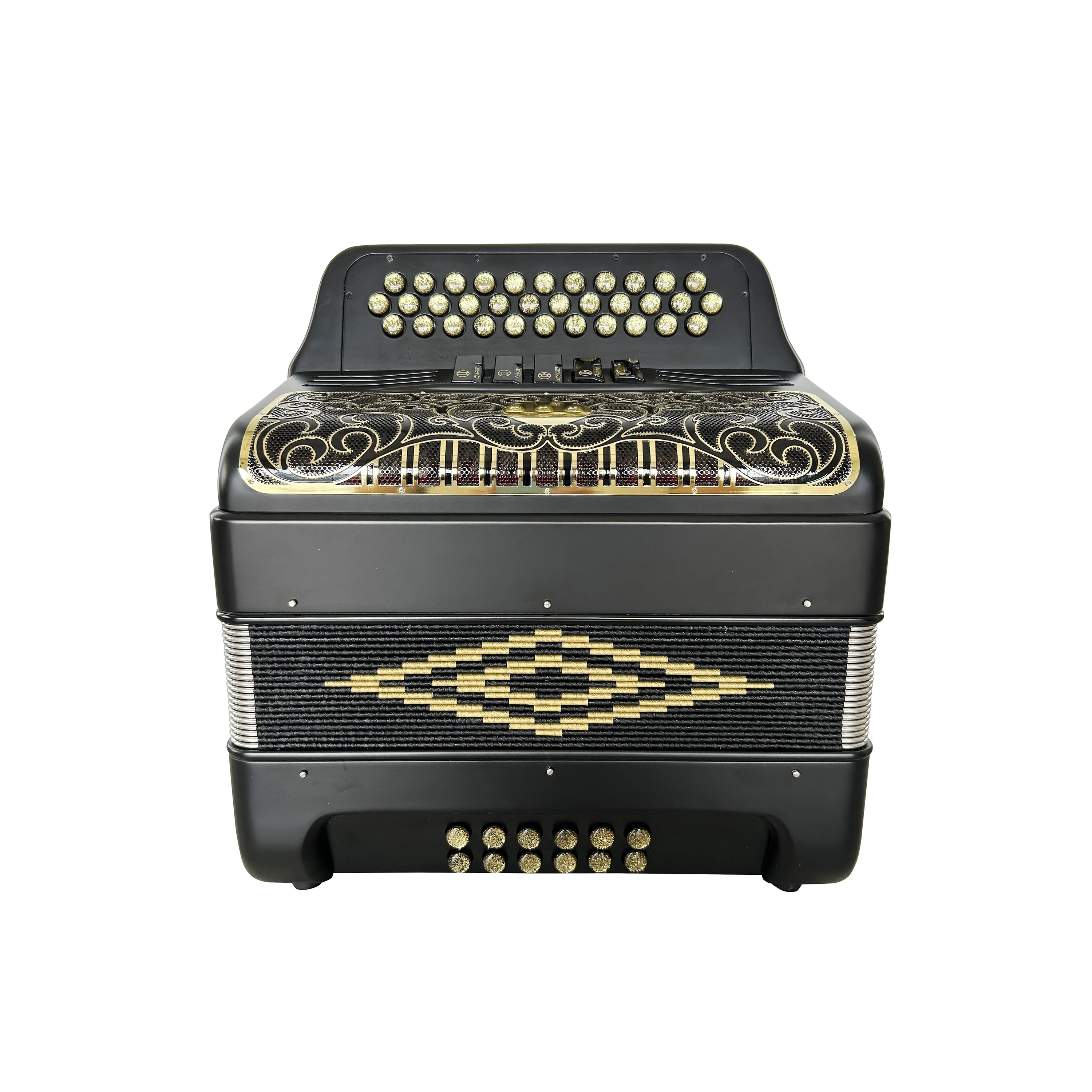 

JB3412D Matt Black Accordion Instrument 34 Buttons 12 Bass 5 Registers Diatonic Gold Buttons Grill New Registers Gold Buttons