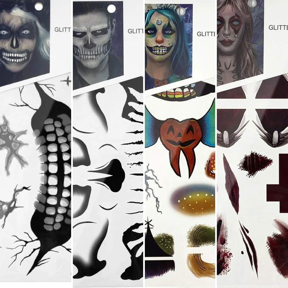 

Halloween Skull Face Cosplay Stickers Creative Facial Tattoo Day of the Dead Horror Wound Scar Stickers Party Makeup Accessories