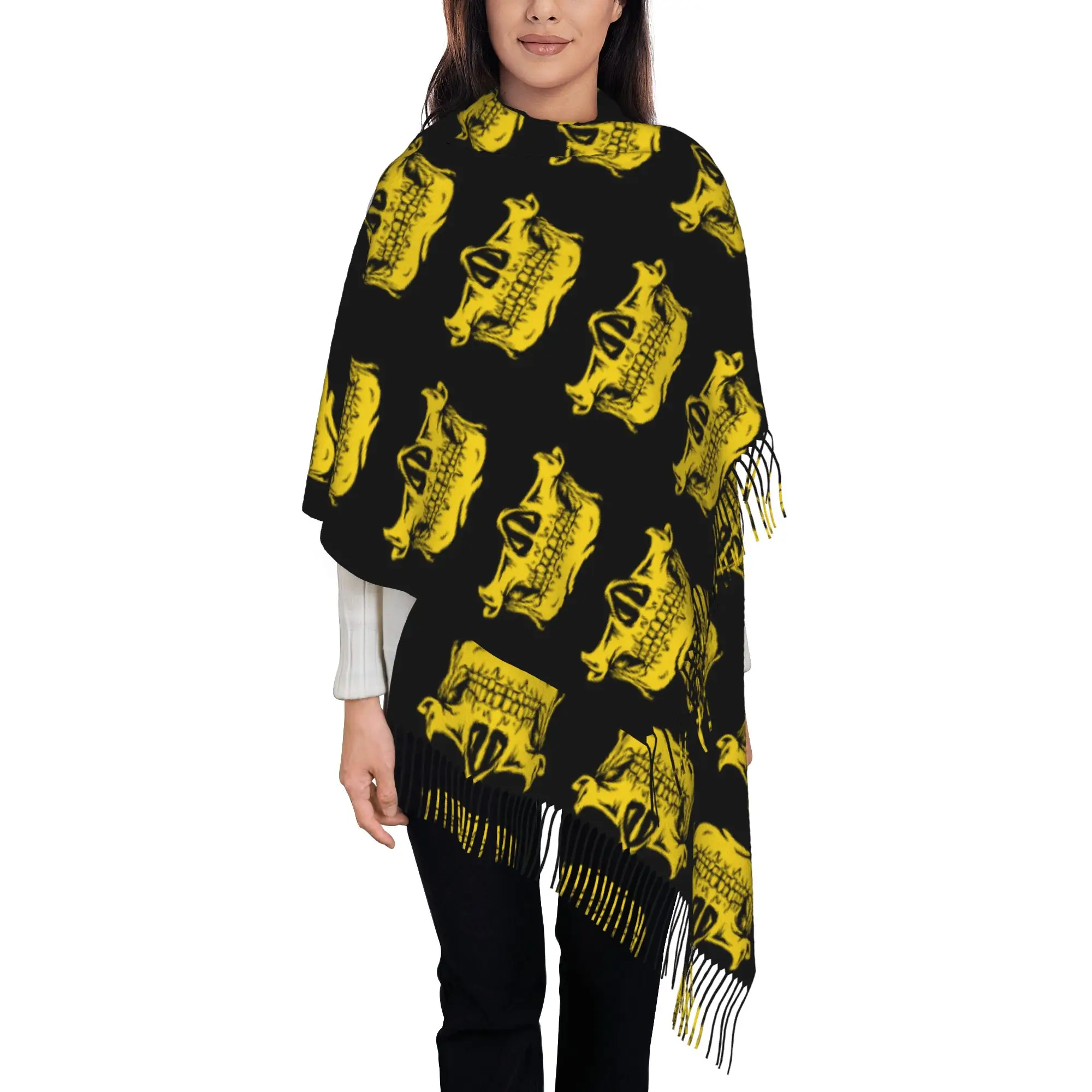 Custom Funny Skeleton Halloween Skull Grin Tassel Scarf Women Winter Fall Warm Shawl Wrap Ladies  Scarves