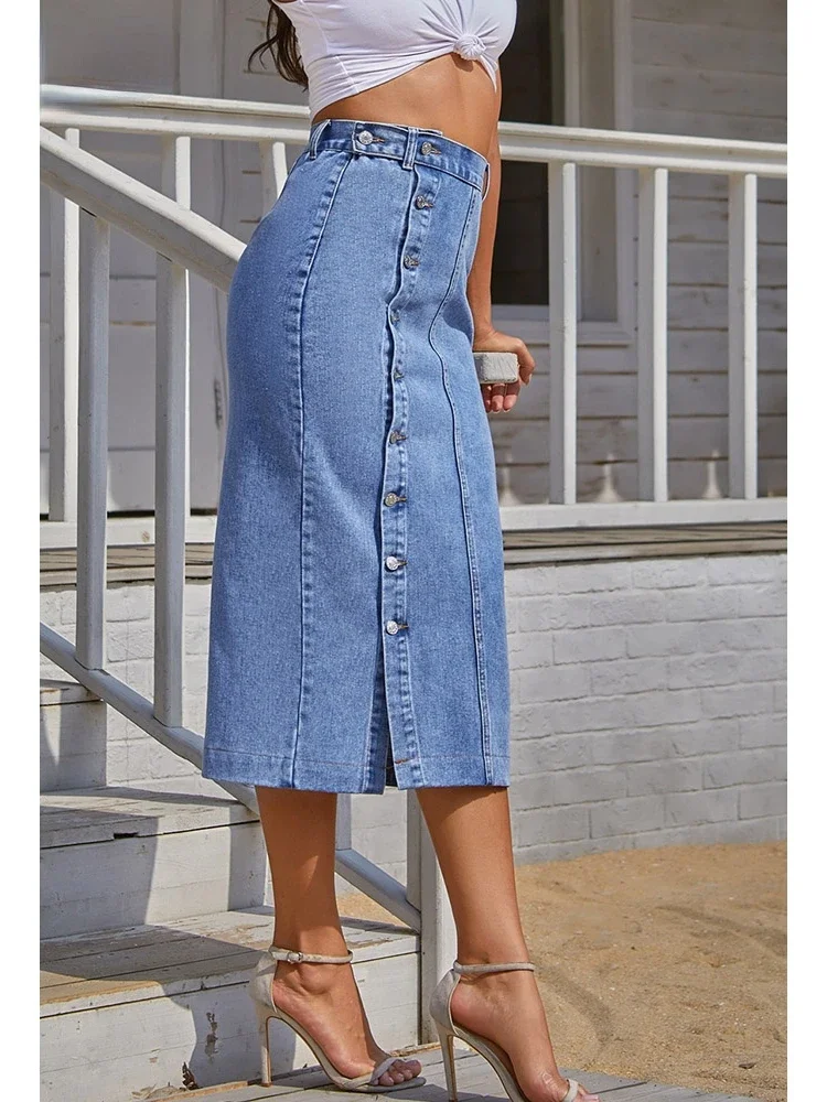 2022 Women\'s Button A-line Side Split High Waist Denim Skirt Office Lady Black Blue Midi Jean Skirts Autumn Winter Long Skirt