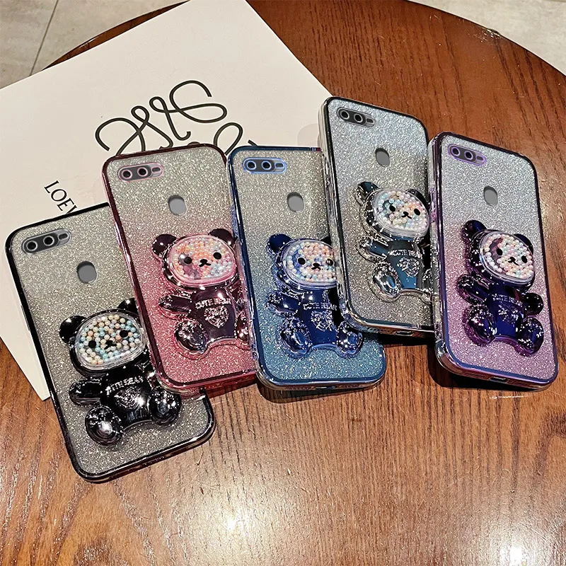 For OPPO A5s Case Soft Silicone Bling Electroplated TPU Cell Phone Casing For CPH1909 CPH1920 CPH1912 Back Cover Cute Bear Stand