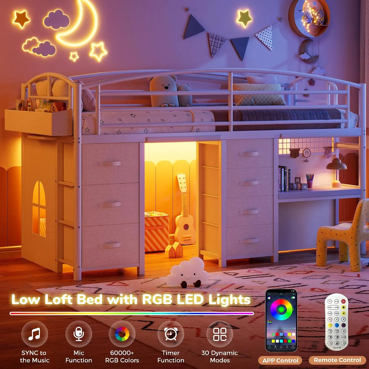 Low Loft Bed Twin Size with 7 Storage Drawers, Desk and LED Lights, Heavy Duty Metal Kids Loft Bed with 13.8