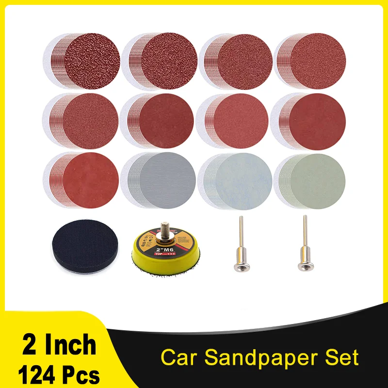 2 Inch 50MM Hook & Loop Sandpaper Kit 124 Pcs 60-7000 Grit with 1/8