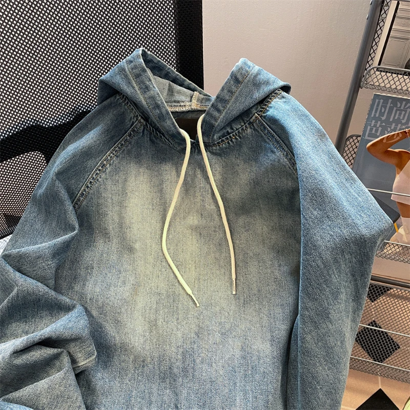 Men & Women Couples Denim Hooded Pullovers Drawstring Solid Color Loose Sweatshirts Vintage Big Pocket Raglan Sleeve Hoodies