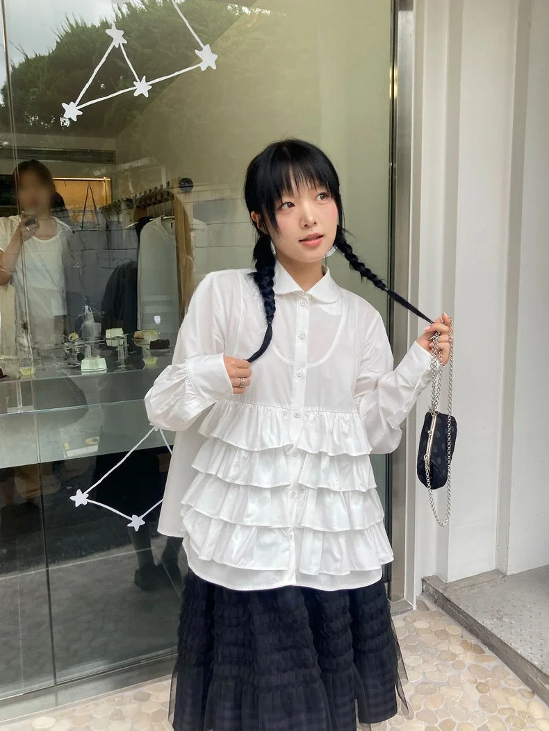 

Хлопковая рубашка с длинным рукавом и кружевным воротником в корейском стиле, на одной пуговице, с многослойной юбкой для женщин