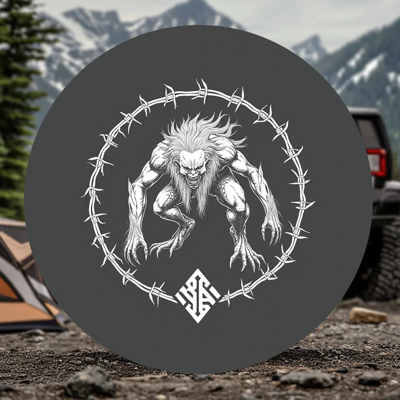 1pc Car Spare Tire Cover, Featuring A Unique Wild Monster Design Surrounded By Thorns, Showcasing A Hardcore Trend. This Univers