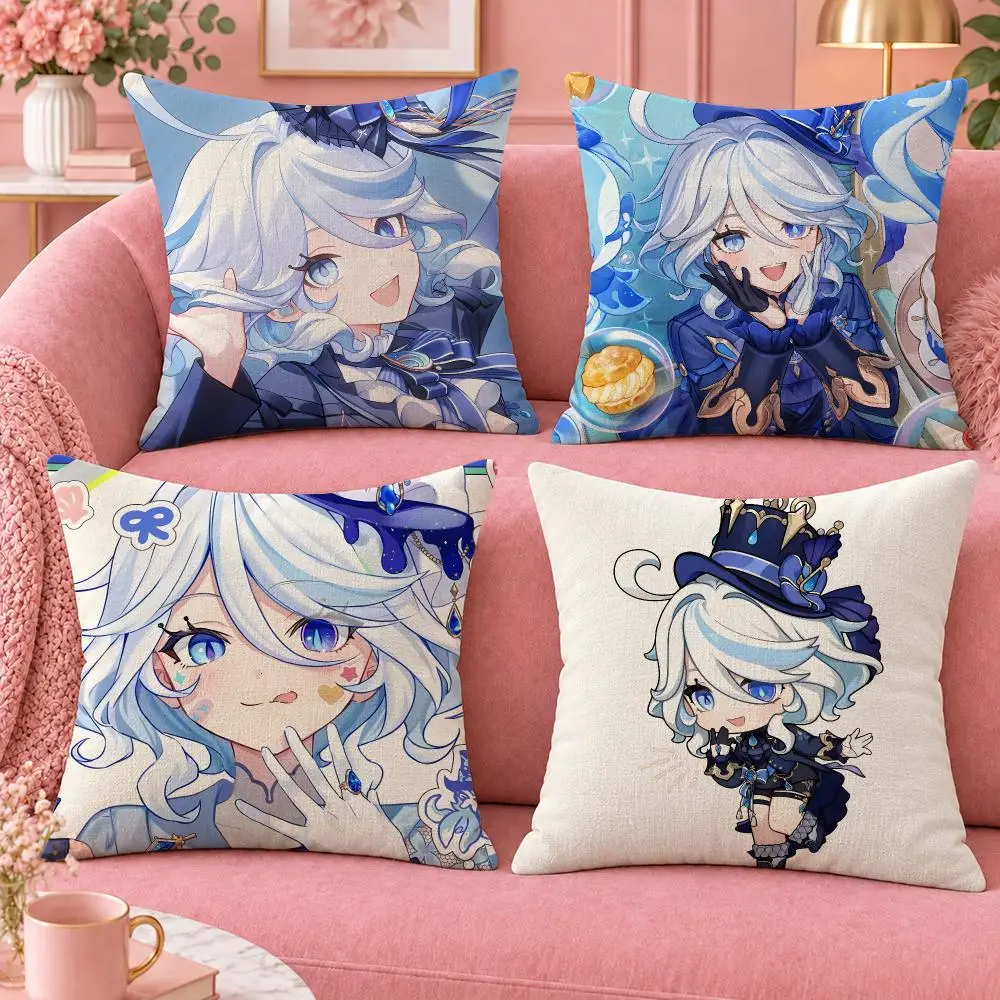Game Genshin Impact Hydro Furina Cushion Cover Cute Cartoon Throw Pillow Cover Soft Plush Cushion Cover Sofa Bedroom Home Decor