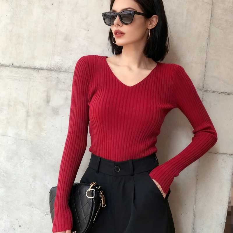 

Осень-зима женский вязаный свитер в рубчик с длинным рукавом и v-образным вырезом, облегающий однотонный базовый пуловер, шикарный модный теплый трикотаж