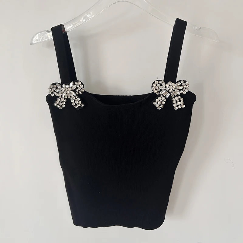 Canotta lavorata a maglia Single-Wear con fiocco da donna 2024 Summer New Skinny Slimming All-Matching Short Top White Y2k Slings Clothes